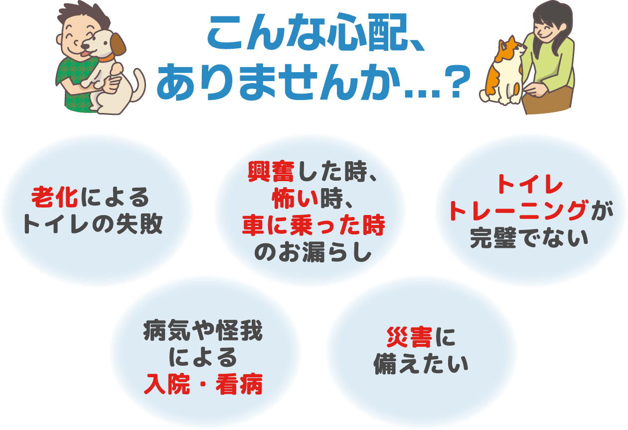 こんな心配、ありませんか...？　老化によるトイレの失敗　興奮した時、怖い時、車に乗った時のお漏らし　トイレトレーニングが完璧でない　病気や怪我による入院・看病　災害に備えたい