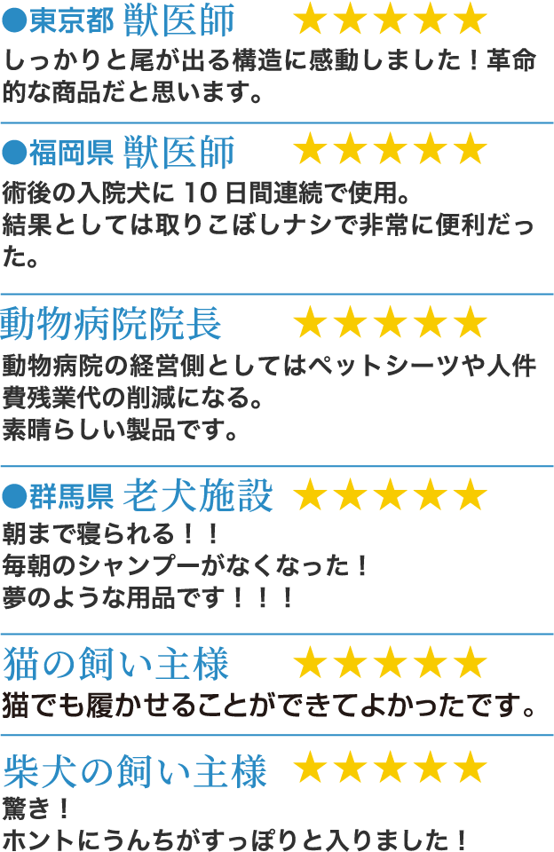 ●東京都 獣医師 ★★★★★ しっかりと尾が出る構造に感動しました！革命的な商品だと思います。●福岡県 獣医師 ★★★★★ 術後の入院犬に10日間連続で使用。結果としては取りこぼしナシで非常に便利だった。●動物病院院長 ★★★★★ 動物病院の経営側としてはペットシーツや人件費残業代の削減になる。素晴らしい製品です。●群馬県 老犬施設 ★★★★★ 朝まで寝られる！！毎朝のシャンプーがなくなった！夢のような用品です！！！●猫の飼い主様 ★★★★★ 猫でも履かせることができてよかったです。●柴犬の飼い主様 ★★★★★ 驚き！ホントにうんちがすっぽりと入りました！