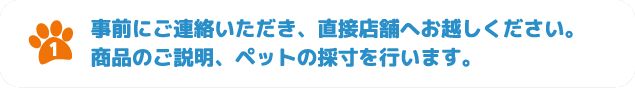 1.事前にご連絡いただき、直接店舗へお越しください。商品のご説明、ペットの採寸を行います。