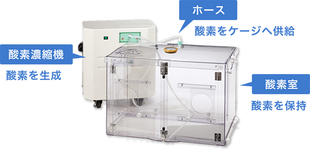 酸素濃縮機　酸素を生成、ホース　酸素をケージへ供給、酸素室　酸素を保持